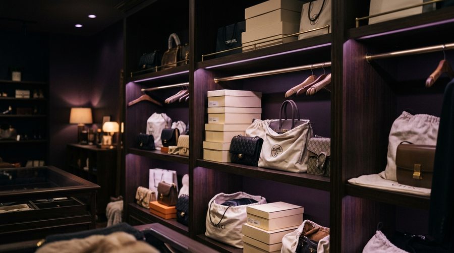 Rak etalase barang preloved dengan tas dan kotak penyimpanan di bawah cahaya lembut warna lavender pada interior gelap